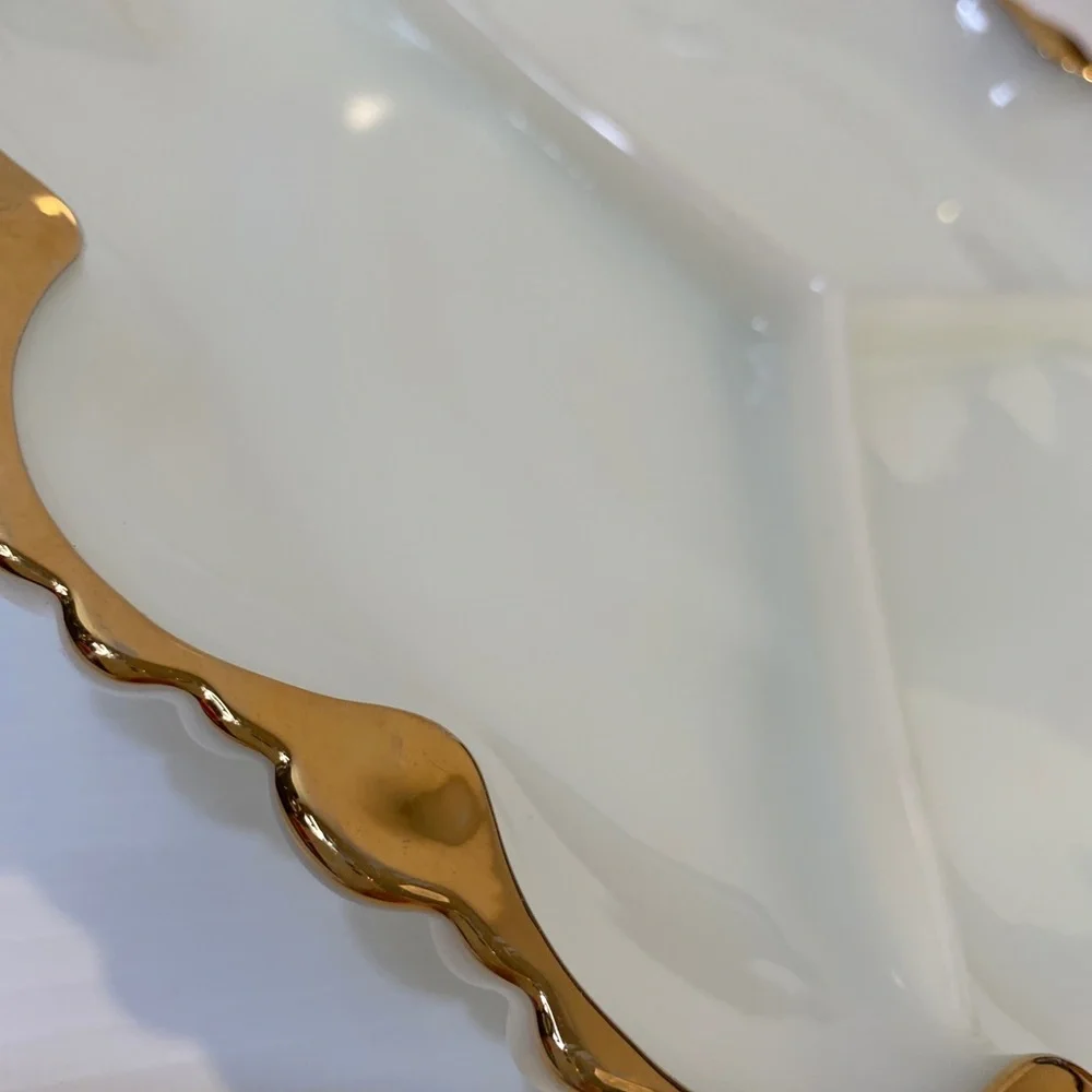 Vintage Antique Divided Serving Dish Holiday Depression Milk Glass White Gold